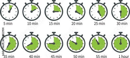 Stopwatch Timer Icon Set Showing Time Intervals from 5 Minutes to 1 Hour