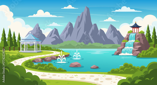 Serene Landscape Illustration of a Pagoda, Waterfall, and Gazebo by a Lake Amidst Majestic Mountains Under a Blue Sky with Clouds and Lush Greenery