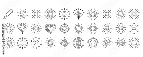 Celebration burst vector shapes with fireworks and hearts for modern festive designs and creative projects, add sparkle and excitement now