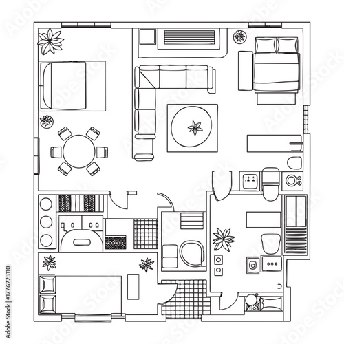 Top down view floor plan of a modern apartment with furniture and plants house blueprint