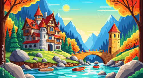 Charming European castle overlooking a serene river and mountains, autumn foliage framing a picturesque landscape