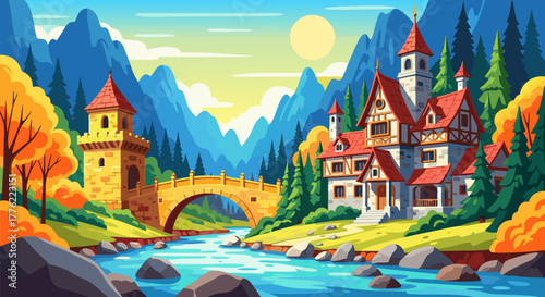 Charming Village Landscape with a River and Stone Bridge