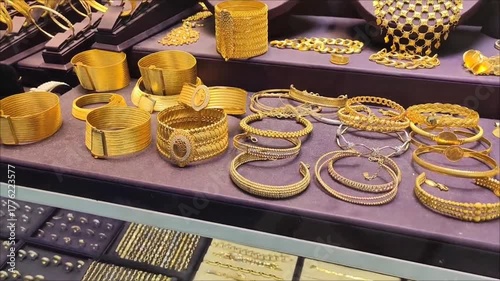 Women's gold jewelry, rings, earrings, bracelets and necklaces with precious stones in the shop window	