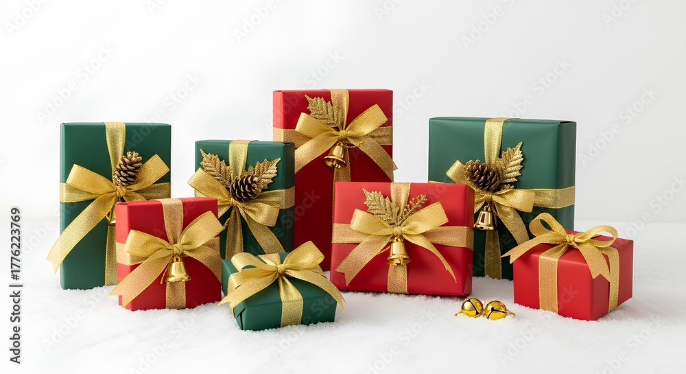 Fototapeta premium Festive Christmas presents wrapped in red and green paper with gold ribbons and decorations.