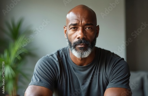 Mature African American man with beard looks intently at camera. Expression serious, pensive, conveying sense of deep thought, concern. Headshot captures distinguished gentleman with grey tinged