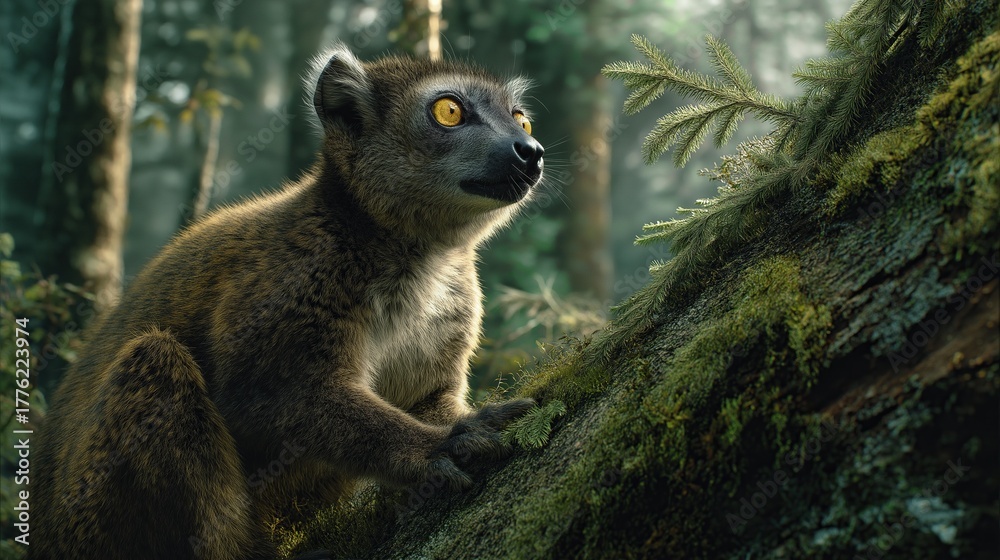 Obraz premium Curious lemur on mossy tree branch in misty rainforest