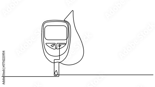One continuous line drawing of Blood glucose meter test illustration. Medical health care concept. glucometer pharmacy equipment outline, Continuous one line drawing of diabetes equipment's