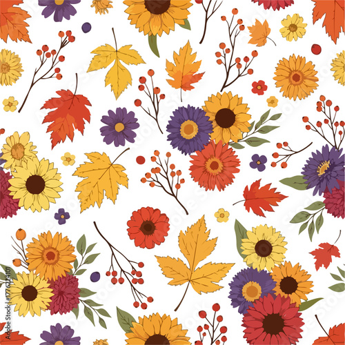 Realistic Thanksgiving Fall Flowers Seamless Pattern Vector
