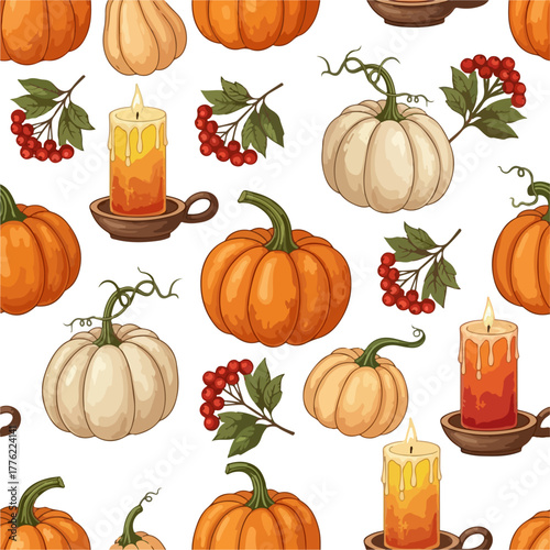 Thanksgiving Seamless Pattern with Candles, Pumpkins, and Berries Vector Illustration
