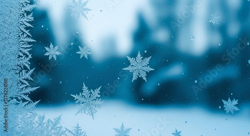 Close-up of frost patterns on a window, resembling snowflakes, with a blurred blue background.
