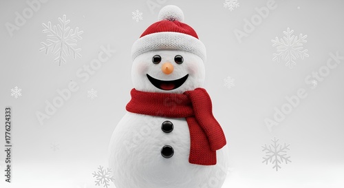 Smiling snowman with red hat and scarf in a snowy scene.