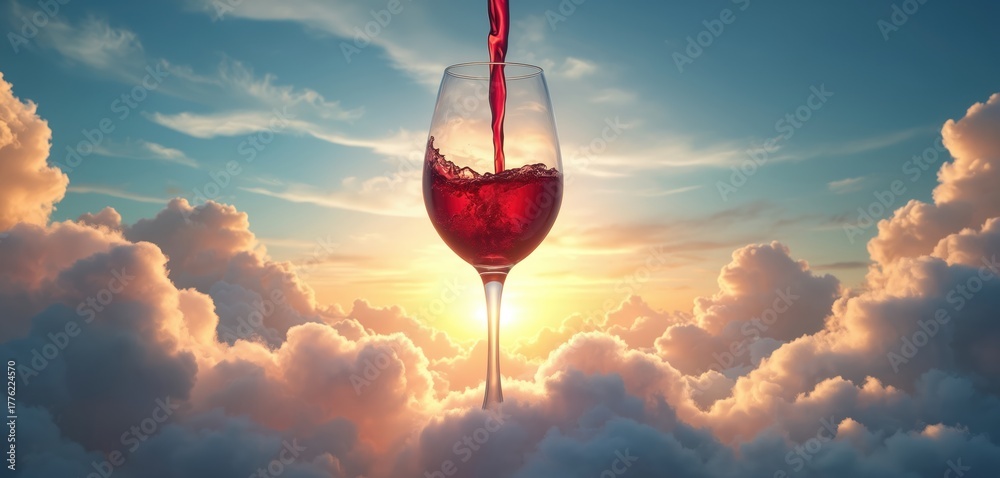 Fototapeta premium Wine poured into wineglass standing among clouds on sunset. Surreal scene suggests elegant luxury. Wine concept illustration evokes creativity. Divine alcohol drink conceptual heaven celestial