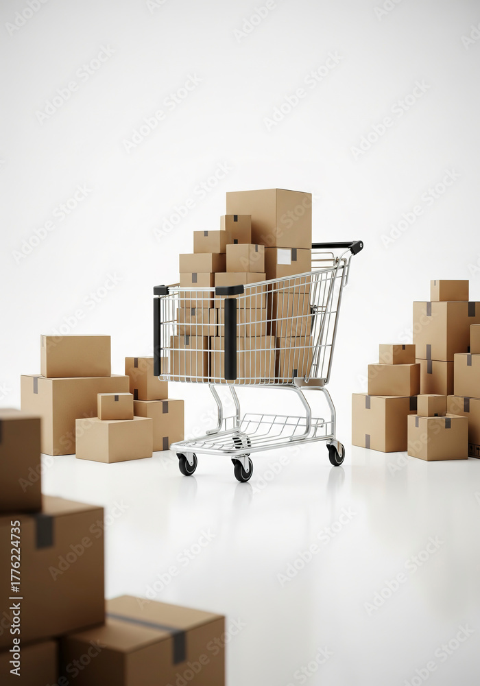 Fototapeta premium Shopping Cart and Boxes for Ecommerce Shipping in Clean White Studio