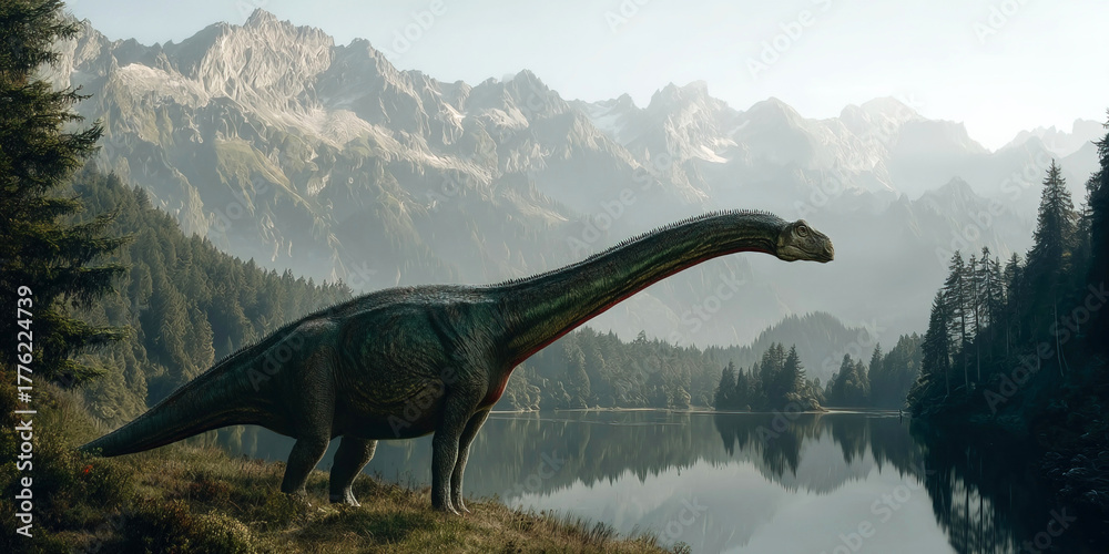 Fototapeta premium Ignavusaurus explores a lush landscape with lakes forests and mountains in a prehistoric setting