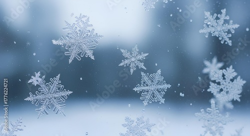 Close-up of snowflakes on a window, showcasing intricate ice crystal patterns.