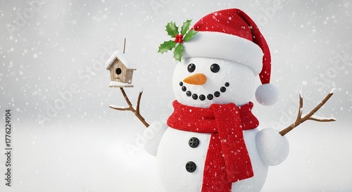 Festive snowman with red hat and scarf in a snowy winter scene.