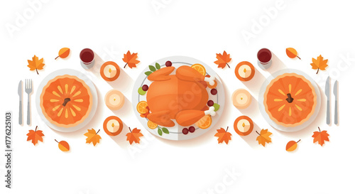 Thanksgiving Dinner Table Flat Lay Illustration with Turkey, Pie, and Autumn Leaves