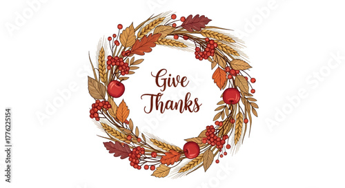 Thanksgiving Wreath with Autumn Leaves, Berries, and Wheat - Give Thanks Message
