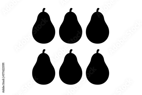 Six simple black pear silhouettes arranged in two rows on a white background