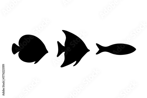 Silhouette collection of different fish shapes, including a heart, fish, and an ocean creature