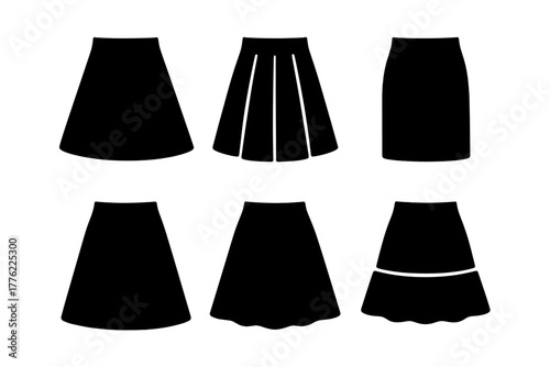 Collection of various skirt silhouettes arranged in a neat grid, showcasing different styles and cuts for fashion design
