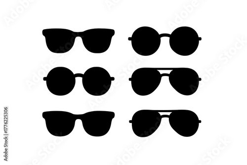 Collection of six different styles of sunglasses arranged in two rows on a plain background showcasing diverse eyewear designs