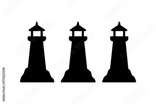 Three lighthouses stand tall against a white background symbolizing guidance and safety at sea