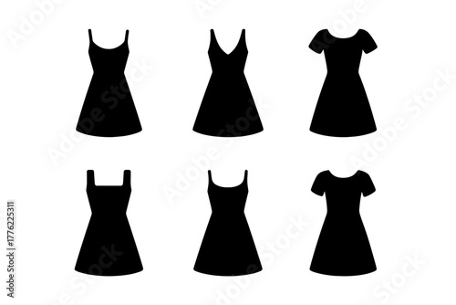 Various styles of simple black dresses displayed in a clean, minimal design