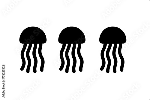 Three simple black jellyfish silhouettes swimming together in a minimalistic style against a white background