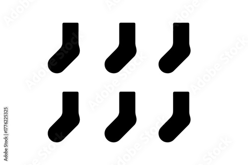 Stylized black sock designs arranged in a grid pattern on a blank background showcasing minimalist fashion elements