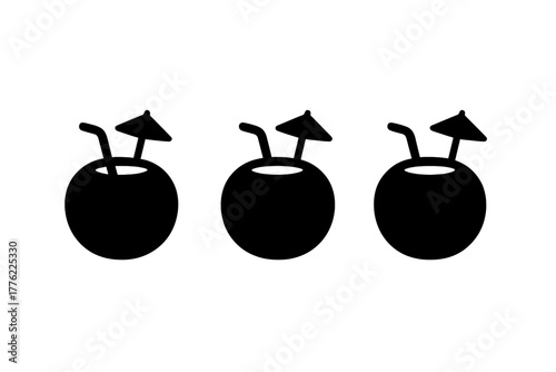 Three black silhouette cocktail icons with umbrellas and straws on a minimal background
