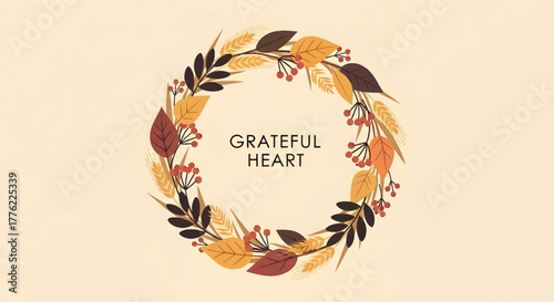 Thanksgiving Wreath with Leaves, Berries, and Wheat - Grateful Heart Illustration