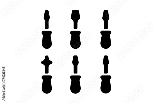 Set of six black silhouettes of various types of screwdrivers on a plain background