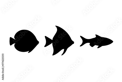 Silhouetted fish designs of various shapes swimming gracefully against a light background