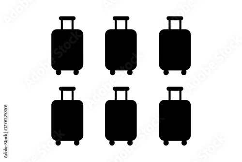 Six black suitcases arranged in a neat grid on a white background for travel-related design purposes