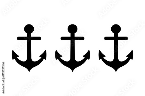 Three simple black anchors in a row on a white background