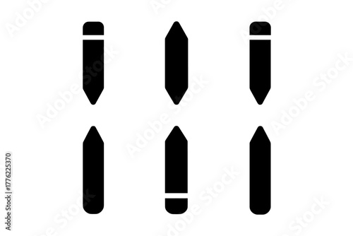 Unique black pencil silhouettes arranged in a grid pattern on a plain background