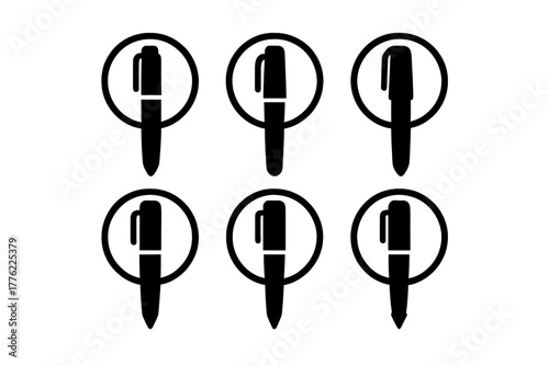 Six black pen icons inside circles arranged in two rows on a simple background