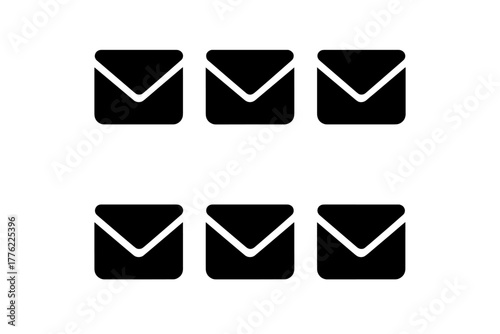 Six black envelopes arranged in two rows, each with an open flap, showcasing simple, clean design for communication or messaging themes