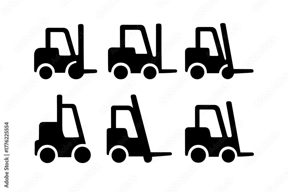 Naklejka premium Set of six forklift icons showing different angles and positions for graphic design and illustration use
