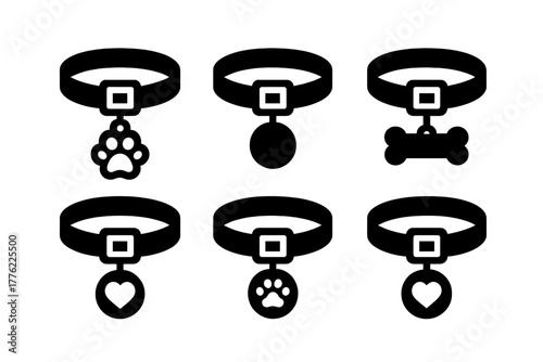 Different styles of pet collars with various charms displayed on a simple background