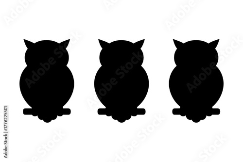 Simple black owl silhouettes lined up against a white background for design or art projects