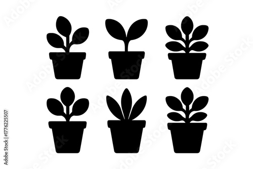 Collection of six black silhouette plant pots showcasing different types of leaves and shapes on a plain background