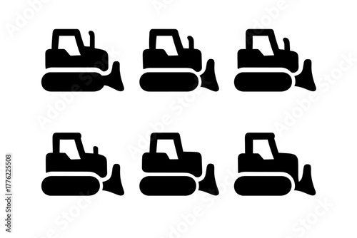 Six black bulldozer silhouettes arranged in two rows on a white background showcasing construction equipment