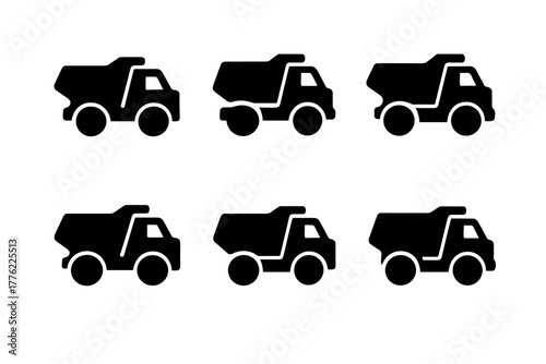 Black dump trucks in a row showcasing different angles, perfect for construction-themed designs and illustrations