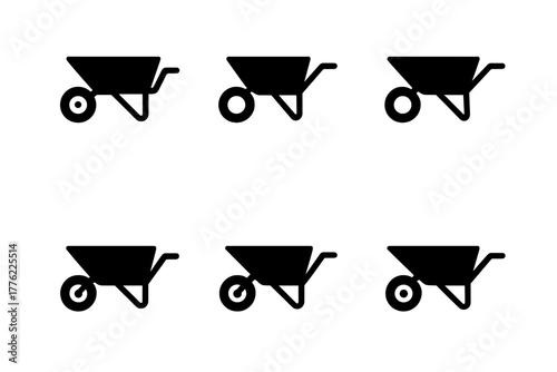 Variety of wheelbarrows in different designs displayed on a clean white background