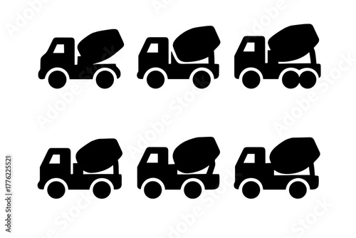 Six cement trucks working at a construction site during a sunny day