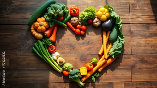 Artistic heart-shaped vegetable arrangement on rustic wood, symbolizing healthy living in natural morning light.