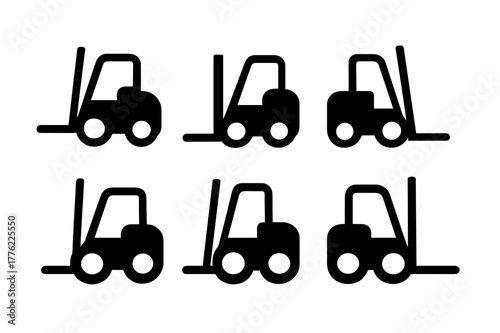 Six simple graphic illustrations of forklifts in various positions for industrial use and transport