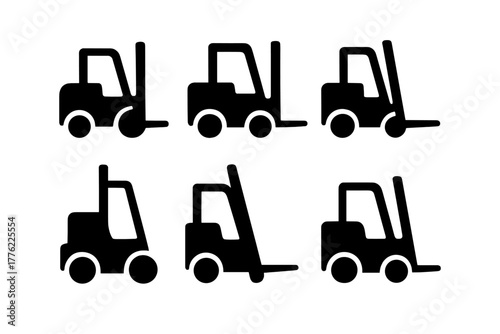 Set of six forklift icons showing different angles and positions for graphic design and illustration use